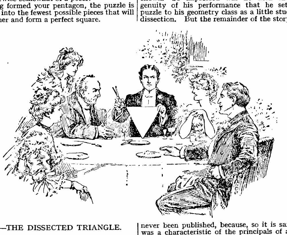 Image of a mathematician dissecting a triangle from a napkin, a modified illustration from 'Amusements in Mathematics' by Henry Ernest Dudeney (1857-1930), original available in the public domain via Wikimedia Commons.